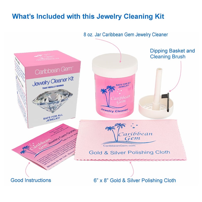 Caribbean Gem Jewelry Cleaner Kit 8oz with Basket, Brush & Polishing Cloth - All Purpose Jewelry Cleaner Solution for Gold, Silver, Diamonds, Rings, Necklaces, Gems, Precious Stones & Metals - Image 2